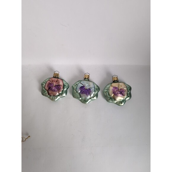 Vtg Pansy Flower Glass Christmas Ornaments Vtg 3 Inge-glas Germany - Picture 1 of 8